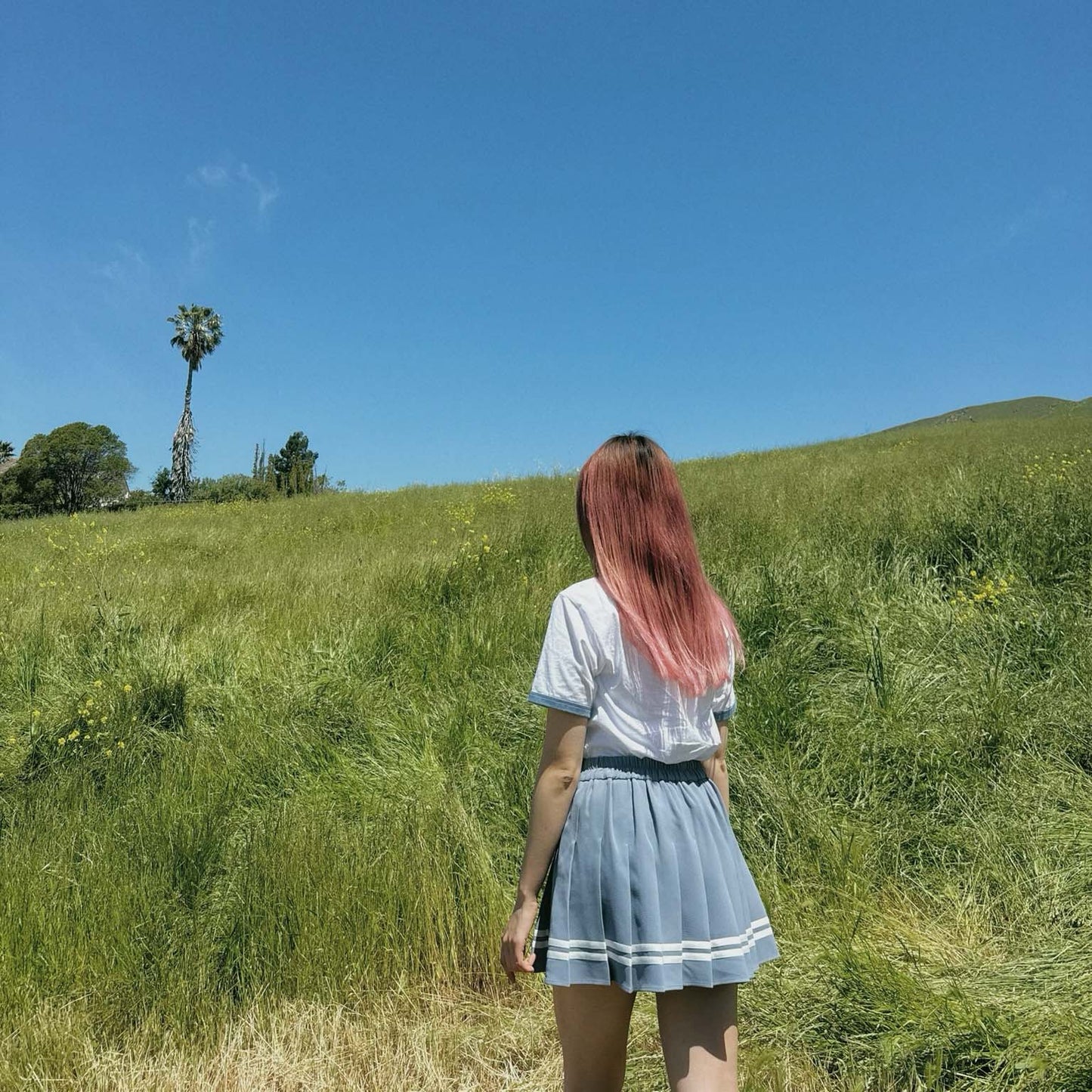 Dusty Sky Blue Pleated Mini Skirt