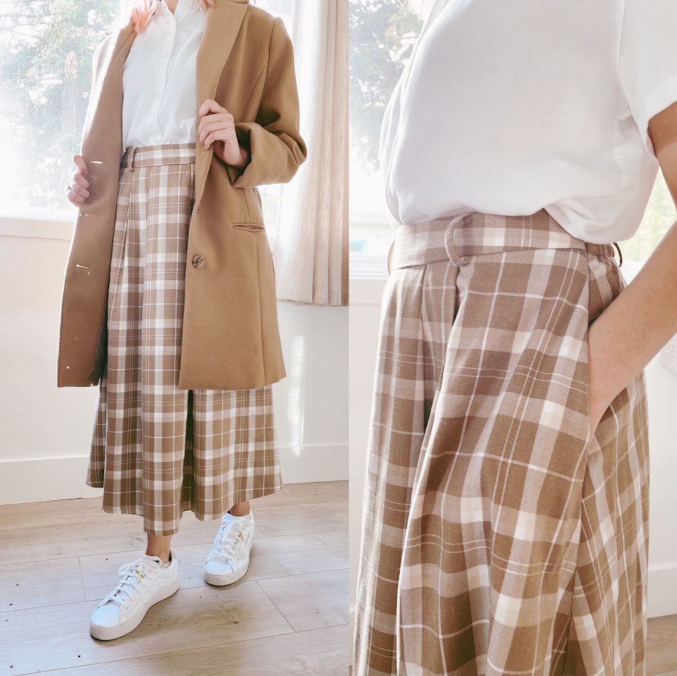 Milk Tea Plaid - Midi Skirt