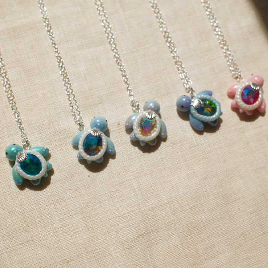 Mini Gemstone Turtle Necklaces (Silver)