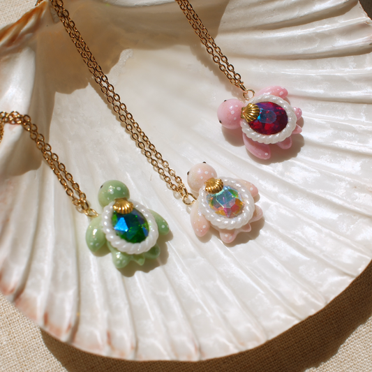 Mini Gemstone Turtle Necklaces (Gold)