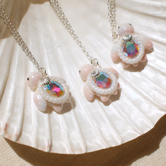 Mini Albino Gemstone Turtle Necklaces (Silver)